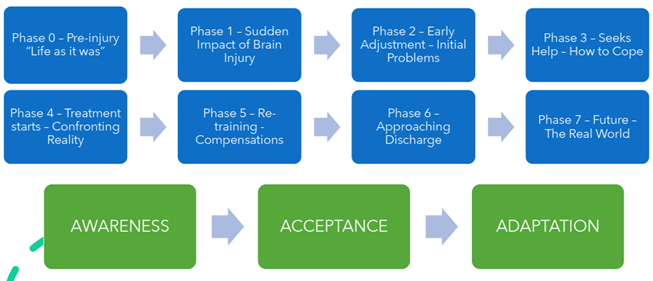 A chart showing practical and emotional processes for family members after brain injury